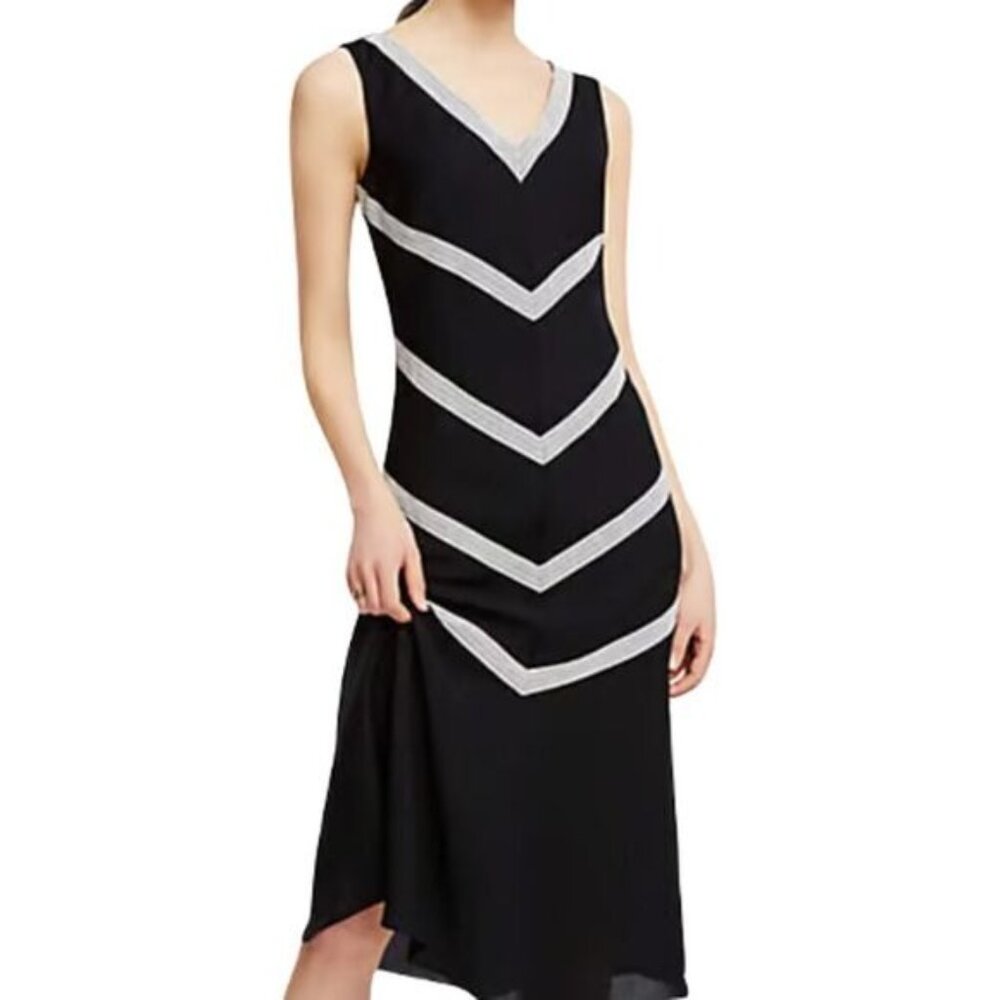 Ann Taylor Black Sleeveless‎ V-Neck Midi Dress With Silver Chevron Lace Detail